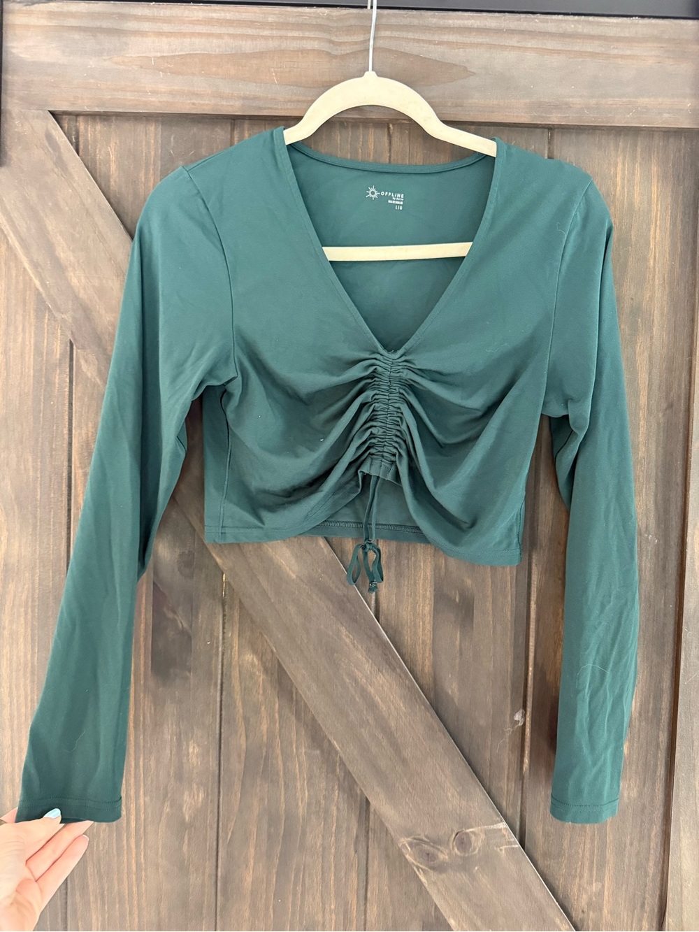 aerie Dark Green Ruched V-Neck Long Sleeve Crop Top